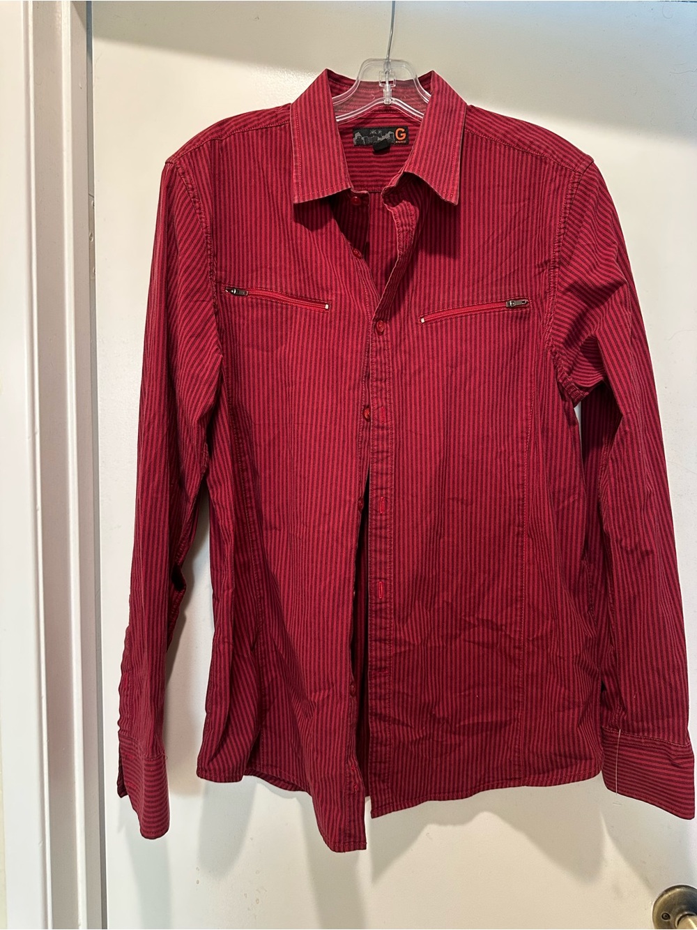 G by Guess Burgundy and Black Striped Button-Up Shirt